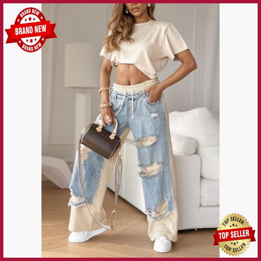 Wide Leg Patchwork Jeans Elastic Waist Distressed Denim Pants Sweatpants - Picture 4 of 7